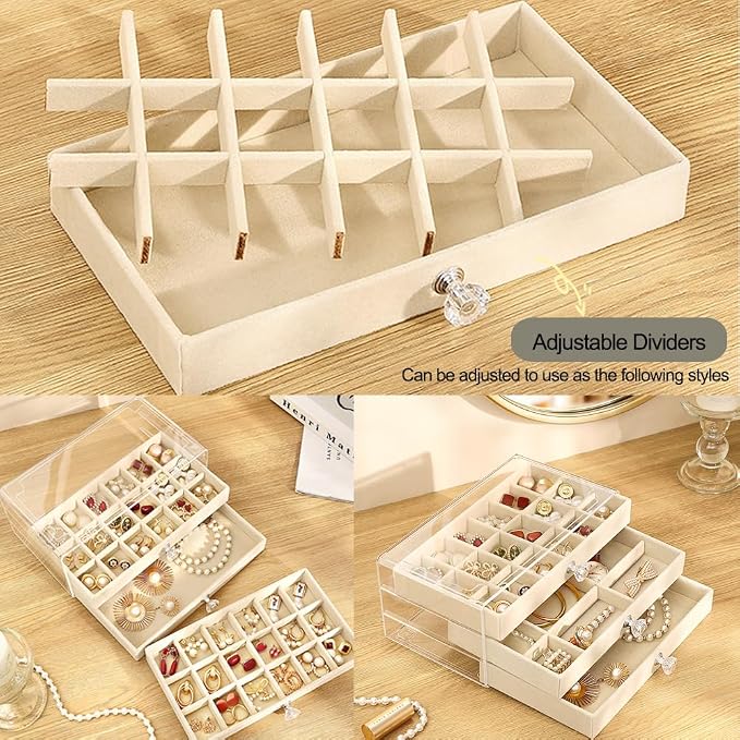 SPAKOWN Earring Box Holder Organizer Display Case | Clear Velvet Jewelry Storage Tray Organizer for Earring Ring Stud (Beige - 3 Drawers)