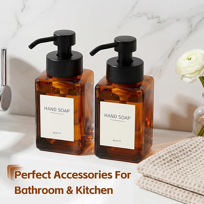 Foaming Hand Soap Dispenser, 12oz/350ml Glass Foaming Soap Dispenser, 2Pcs Foaming Soap Dispenser, Waterproof Labels, for Bathroom & Kitchen, Amber