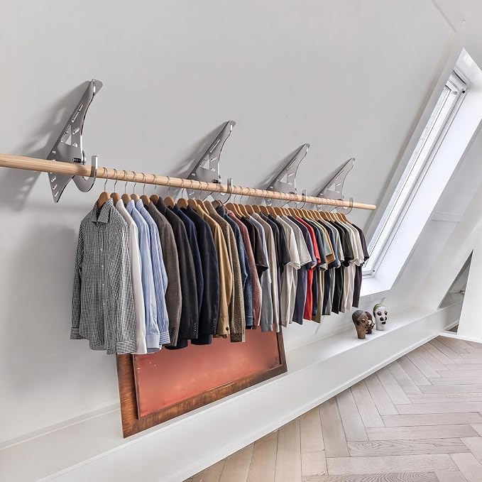 Lewtemi 2 Pcs Chrome-plated Alloy Steel Sloped Ceiling Clothes Rod Bracket 8" Chrome Closet Curtain Rod Bracket Under Stairs Storage Sloped Ceiling Rack Mount Angled Clothes Rack for Wall Attic