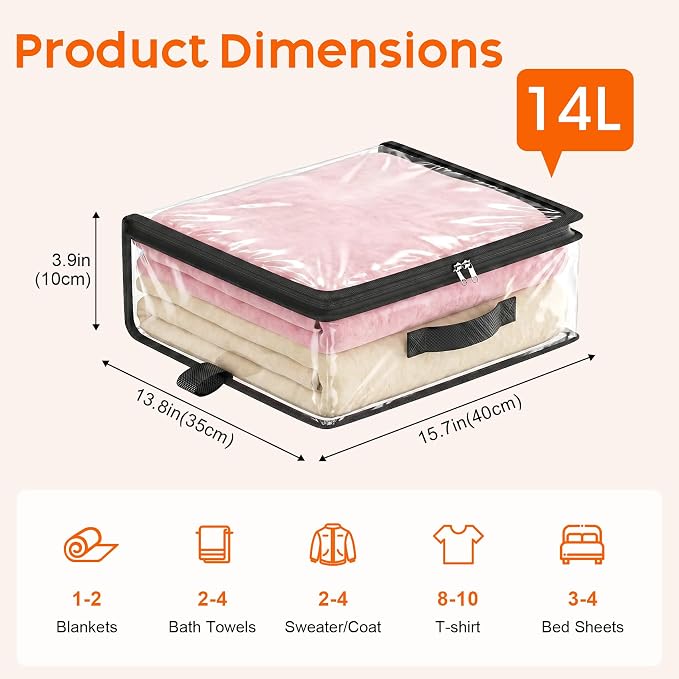 5 Pack Clear Storage Bags with Zipper Handles, Sheet Organizers and Storage | PVC Blanket Storage Bags, Foldable Under Bed Organizer for Baby Clothes Shoes Sweater Toy Bedding Sheet, 15.7x13.8x3.9’’