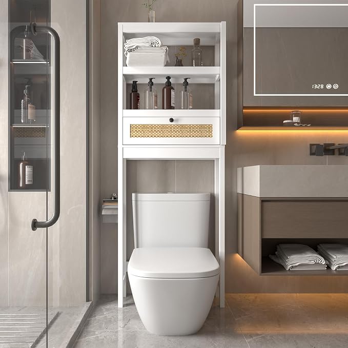 Over Toilet Storage Cabinet with Barn Door & Adjustable Shelves | 24 Inch Wide Bathroom Organizer, Space-Saving, Sturdy Wood, Anti-Tipping, Easy Assembly, for Restroom, Laundry, Small Spaces