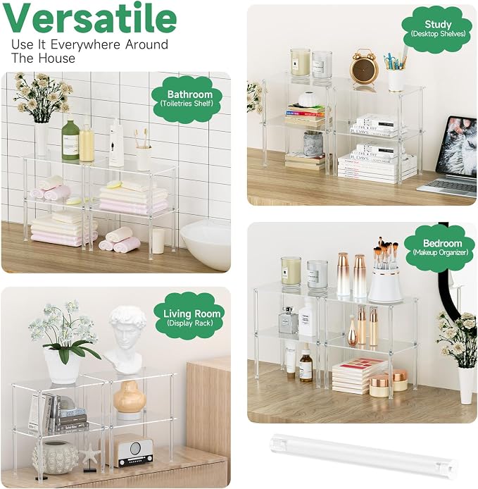 Acrylic Cabinet Organizer, Clear Cabinet Organizer Shelf, Stackable, Expandable, Spice Rack, Adjustable Counter Shelf for Makeup, Bathroom, Cupboard, Desk, Kitchen Pantry Organization (Clear-4PACK)