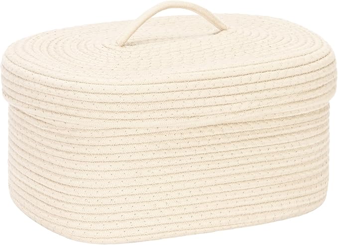 Sea Team Oval Cotton Rope Storage Basket with Lid, Lidded Woven Storage Bin, Nursery Storage Container, Diaper Caddy, Baby Shower Basket, Box, Organizer, 15 x 11 x 6.5 Inches (Medium, Cream)