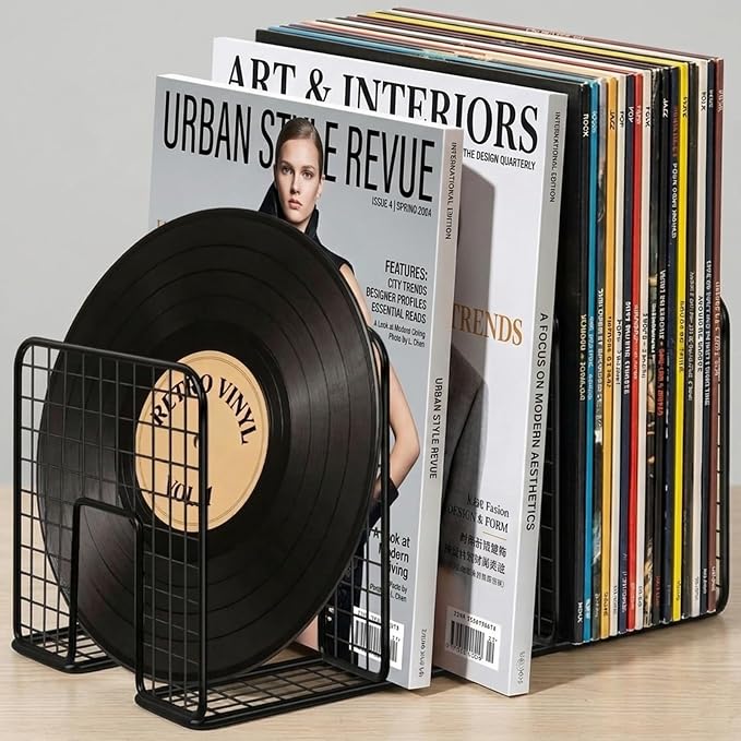 Vinyl Record Holder Storage, 3 Slot Metal Magazine Book Album Display Rack, Stylish Desktop File Tabletop Magazine Holder Rack, Record Storage, Album Storage Rack for LP Records/Magazines/Music Lovers