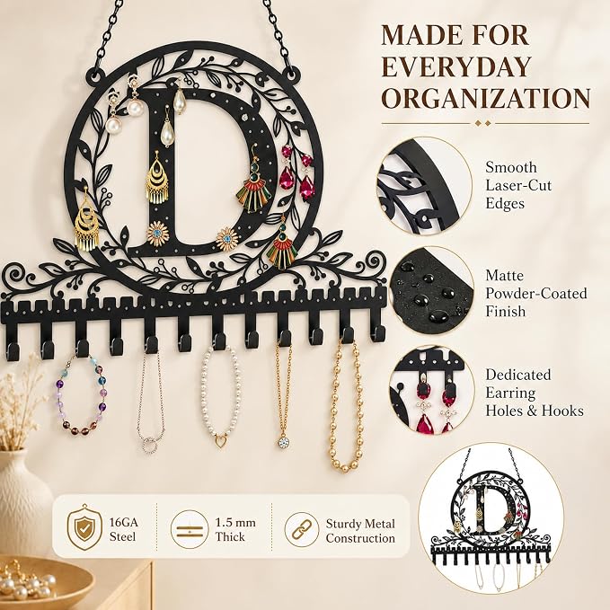 Personalized Wall Mounted Metal Initial Letter D Earring Holder Jewelry Organizer for Earrings and Necklaces Space Saving Wall Display with Hooks Jewelry Storage Bedroom Vanity Gift for Women