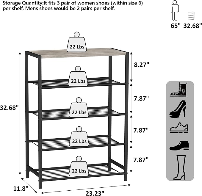HOMEFORT 5 Tiers Shoe Rack Organizer,23" Shoe Storage Shelf for Closet, Shoe Rack for Entryway, Each Tier Fits 3 Pairs, Shoe Stand with Metal Shelves and MDF Top Board, Washed Gray