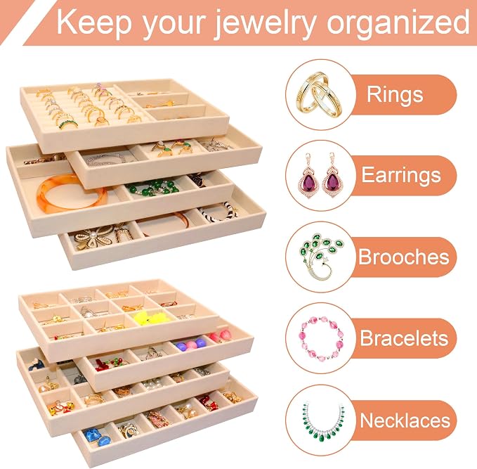Set of 8 Velvet Jewelry Trays X-Large Stackable Jewelryy Organizer Drawer Insert Divided Jewellry Storage Holder, Earring Ring Brooch Necklace Bracelet Watch Display Tray