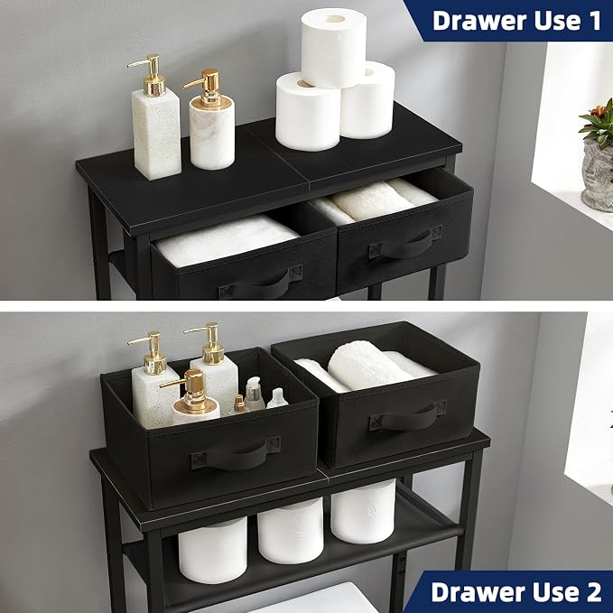 MOHOPE 2-Tier Over The Toilet Storage with 2 Fabric Drawers, Freestanding Above The Toilet Storage Cabinet, Space Saver Metal Over Toilet Bathroom Organizer Shelf for Small Space, Black