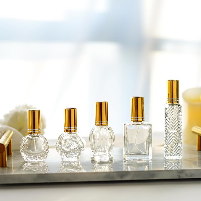 5 Pcs Vintage Glass Empty Perfume Bottles Refillable with Spray | Vintage Empty Perfume Bottles with Fine Mist Spray Refillable Set of 5 for Travel Vanity Home Office Wedding Party Decor