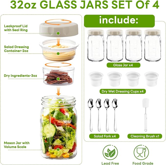 9Pack Salad Meal Prep Containers, 32oz Large Glass Salad Jars with Lids Meal Prep with 4 Forks, Leakproof Salad Container for Lunch with Separate Wet/Dry Dressing Cups for Home, Office and Outdoor