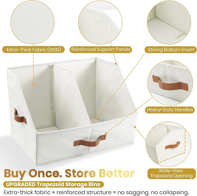 Closet Organizers And Storage - EXTRA LOAD & HEIGHT FOR DEEP Trapezoid Storage Bin W/ Handles & Adjustable Dividers, Collapsible Storage Bins For Clothes Storage & Shelf Organizer (4pcs, Large, Ivory)