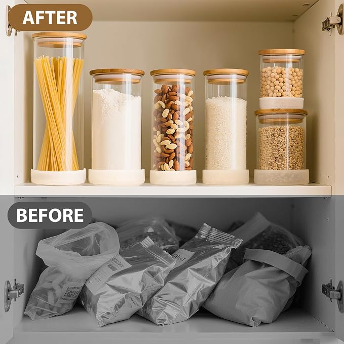 TBWIND Glass Storage Containers with Bamboo Lids – 7 Pack Airtight Clear Glass Jars in Mixed Sizes (17oz/25oz/34oz/53oz/73oz) for Pantry Organization, Kitchen Dry Food, Coffee, Flour, Pasta & Snacks