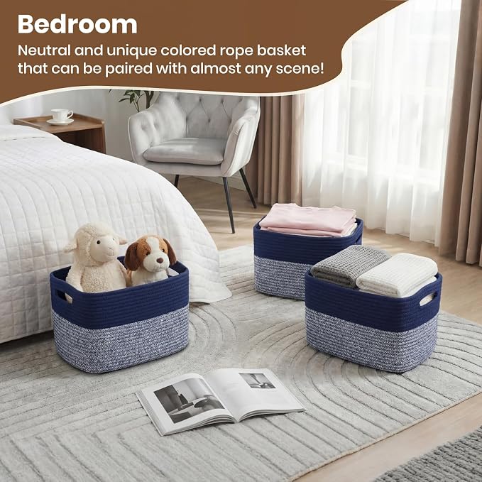 Storage Baskets for Organizing, 14 x 10 x 9” Closet Shelf Woven Baskets, Square Bins with Handles, Cotton Rope Basket for Clothes, Office, Room, Grey+Blue 3 Pack