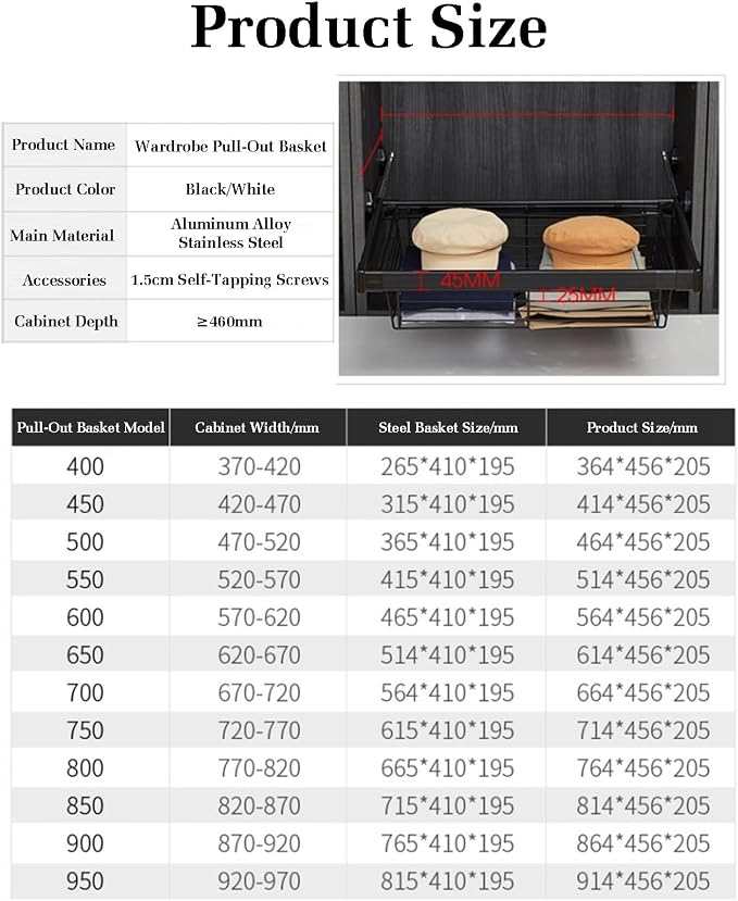Pull Out Cabinet Storage Basket,Stackable Detachable Baskets Closet Storage Box,Telescopic Coat Drawer for Kitchen,for Kitchen Office Wardrobes Cupboard Storage(Black,464x456x205mm)