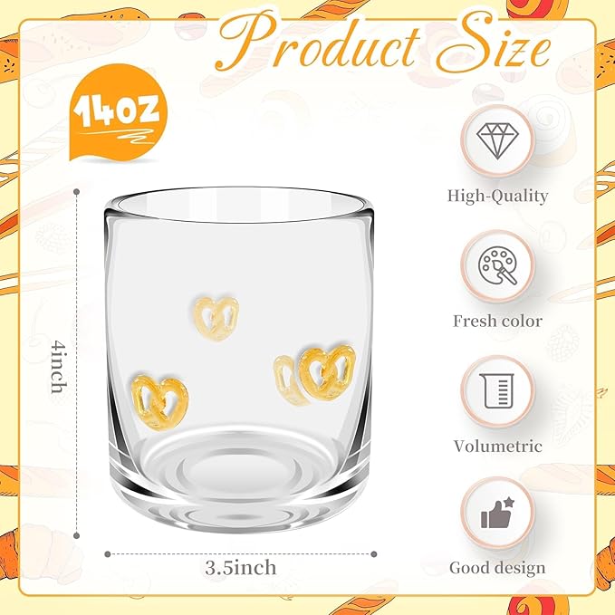 14 Ounce Icon Juice Glasses, Aesthetic Cocktail & Old Fashioned Drinking Glasses, Iconic Clear Glass Cups for Women, Sister, Friend & Party Gifts (Pretzels)