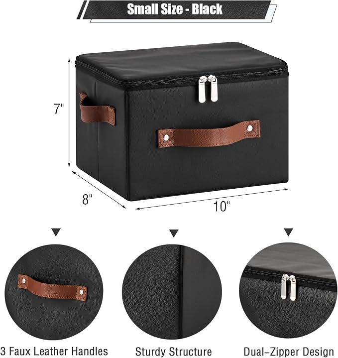 2PCS Storage Bins with Zipper Lid PU leather Storage Boxes Leather Fabric Collapsible Lidded Baskets Cube with Handle Decorative Shelves Closet Office Organizer Container(Black, Small Size)