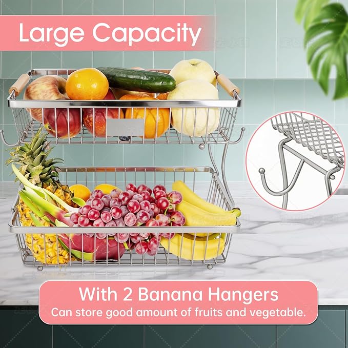 Fruit Basket Bowl 2 Tier Detachable with 2 Banana Hangers, Fruit Stand Holder for Kitchen Countertop, Metal Wire Vegetable Storage Organizer, for Bread Snack Veggies Produce, Chrome