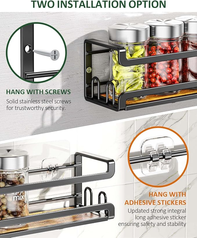 Doakhirmit Wall Mounted Spice Rack,Wooden Spice Holder Black,6 Pack | 24 Hooks,Screw or Adhesive Installation , Hanging Organizer for Stove Cabinet Pantry Door Kitchen and RV Use