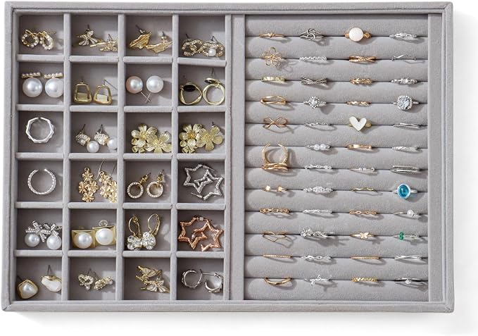 Large Jewelry Organizer for Drawer Insert Velvet Stackable Jewelry Trays for Earring Necklace Bracelet Ring Display (Gray, Ring and 24 Grids)