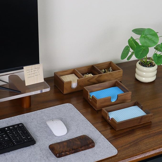 Buqoo Walnut Wooden Sticky Note Holder | 12" x 4.3" x 2.4" Self Stick Note Pads Holder Memo Pad Dispenser for School N Home Office Supplies