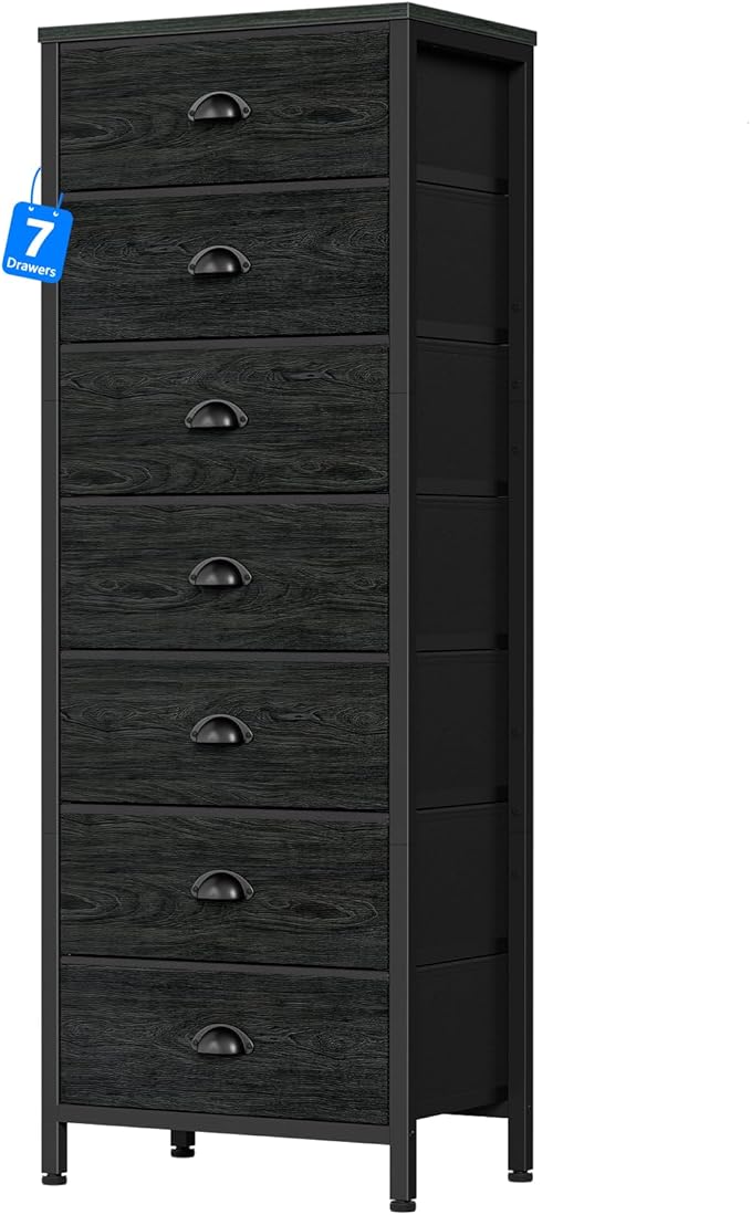 Furnulem Black Bedroom Dresser, Tall Chests of Drawers with 7 Fabric Bins | Sturdy Steel Frame, Wooden Top, Organizer in Closet, Tall Nightstand for Dorm, Living Room, Hallyway-Storage Tower Unit