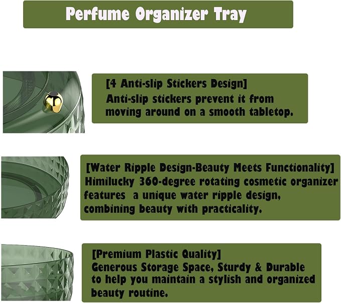 Makeup Perfume Organizer, 9 Inch /23cm 360 Degree Rotating Skincare Organizer, Cosmetics Organizer for Dresser Bathroom Bedroom Countertop Kitchen Pantry Cabinet Vanity Tray Refrigerator, Dark Green