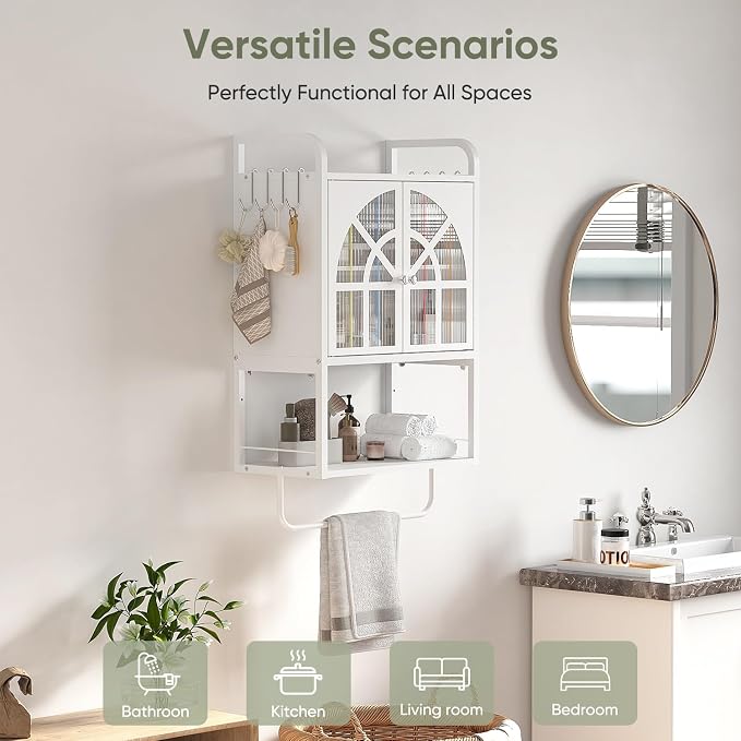 Metal Bathroom Arched Wall Cabinet, Hanging Over Toilet Medicine Storage | Small Modern Wall-Mounted Medicine Storage Cabinet with 2 Doors, Removable Shelf, Towel Bar, 9 x 16.8 x 28.7 Inches, white