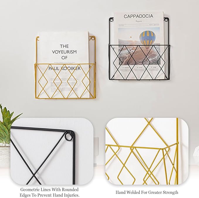 Wall-Mounted File Organizer, Metal Wall File Holder, Magazine Rack, Space-Saving Design, Ideal for Home Office, Workspace, and Study Room Organization (Gold)