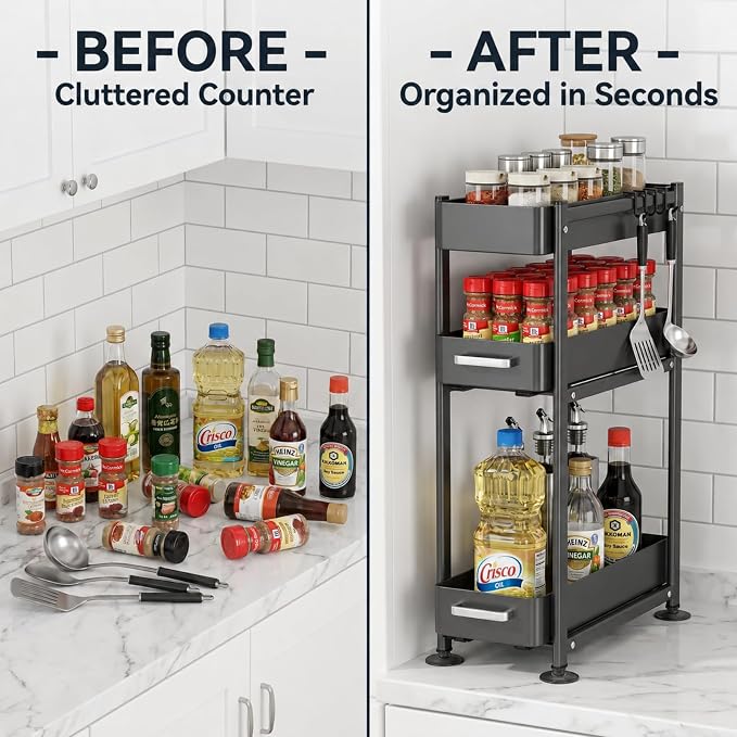 3-Tier Countertop Organizer, Pull Out Spice Rack, Transforming a Cramped, Unusable Space Into a Storage Area, With Suction Cup Feet and 4 Hooks, For Tall Bottles, Condiments and Spices
