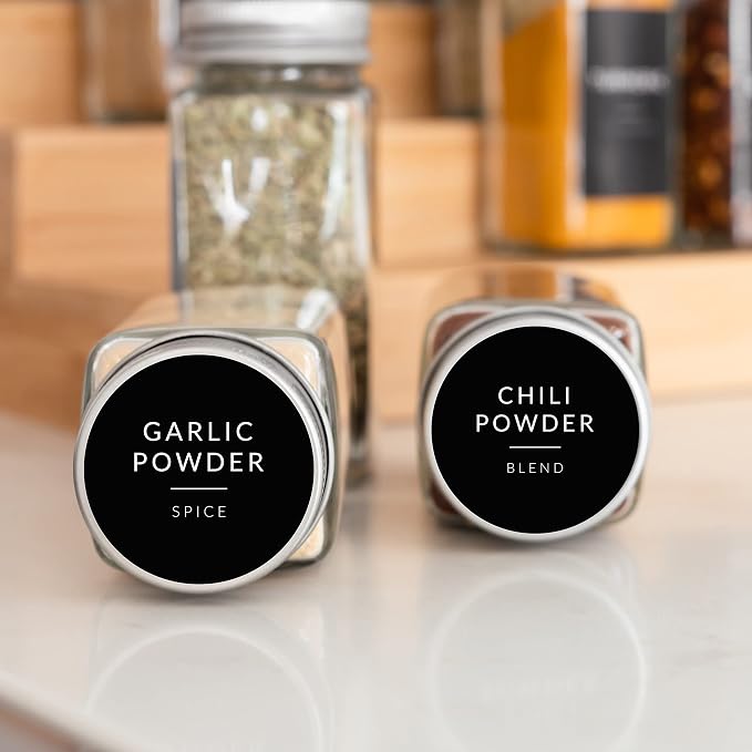 Spice Labels for Glass Jars, 202 Round Preprinted Waterproof Kitchen Spice Labels Stickers, Seasoning Organization Black Pantry Herbs Label for Top Lid, Chalkboard Labels for Spice Jars