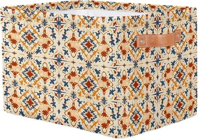 Rectangle Storage Baskets for Shelves, Blue Orange Tribal Floral Storage Cube Organizer Bins Collapsible Toy Basket for Nursery Home Room