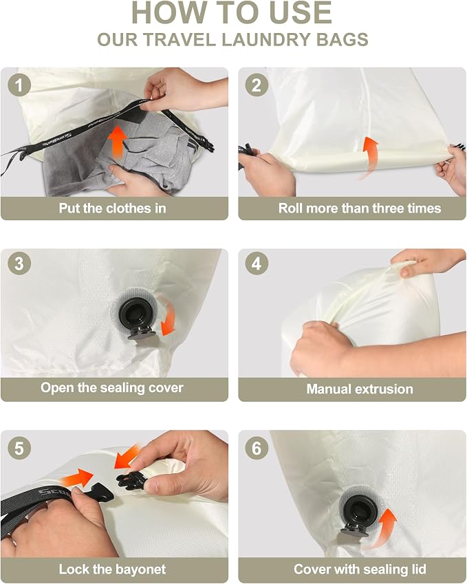 Travel Compression Laundry Bag, Pump-Free Vacuum Space Saver Bag for Dirty Clothes, Reusable Waterproof Wet Dry Bag, Travel Laundry Bag for Luggage, Packing, Suitcase (1 Pcs)（White, M)