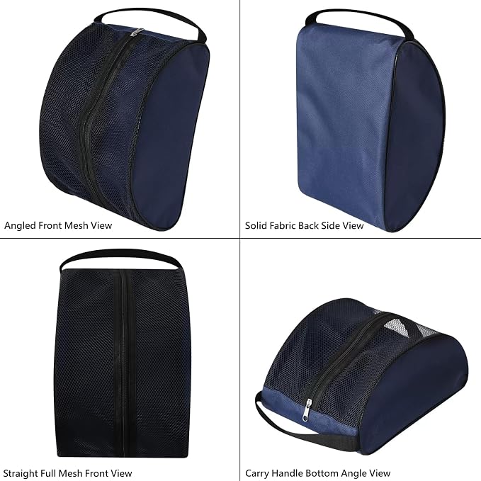 Golf Shoe Bag with Full Top Mesh Ventilation, Zippered Sports Shoe Carrier for Travel, Fits up to Size 13 Men Women (Navy)