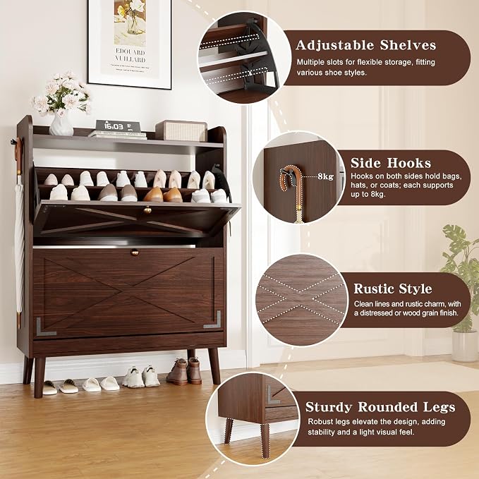 Shoe Storage Cabinet with 2 Flip Drawers & Adjustable Shelves, Freestanding Shoe Cabinet with Side Hooks Narrow Shoe Rack Cabinet for Entryway, Hallway, Rustic Brown