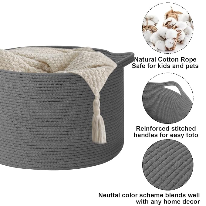 65L Large Blanket Basket, 19.7" L x 19.7" W x 13" H Cotton Rope Woven Storage Basket,Laundry Hamper for Toys, Clothes, Pillows & Towels, Perfect for Living Room, Nursery & Bedroom,Dark Gry