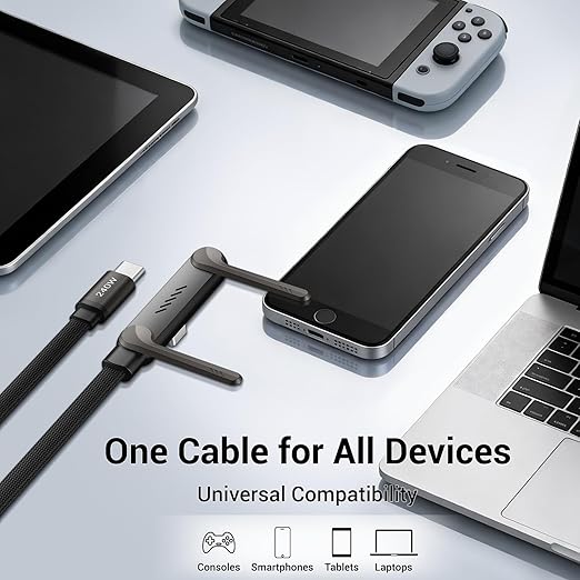 Invisible Holder Charger Cable, 240W PD Fast Charging Cable for Desk, USB-C to USB-C & USB to Light-ning Cable 4.9 FT with 360° Adjustable Metal Stand, 2 in 1 Holder Charger for Gaming, Office, Home