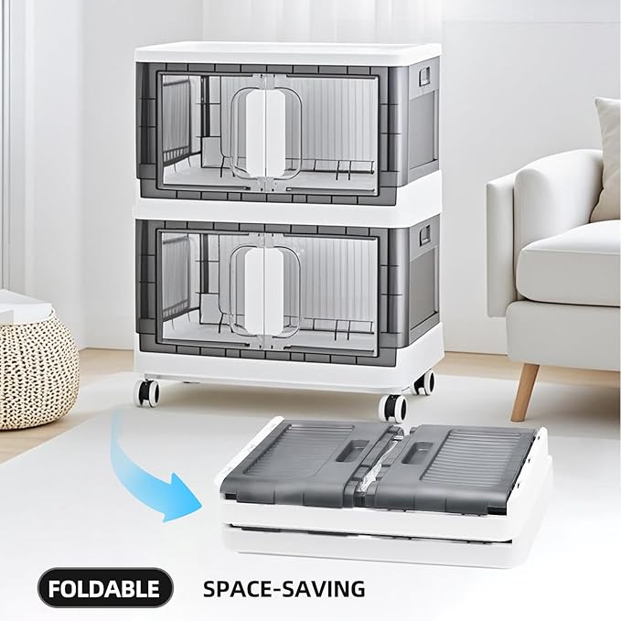 Folding Storage Organizer with Silent casters | Stackable Design for Home & Office, Heavy-Duty Plastic Storage Bin with Clear Door, 3 Sizes (19.5/23.5/27.5in),Black/White (19.7" 1 layer, White)
