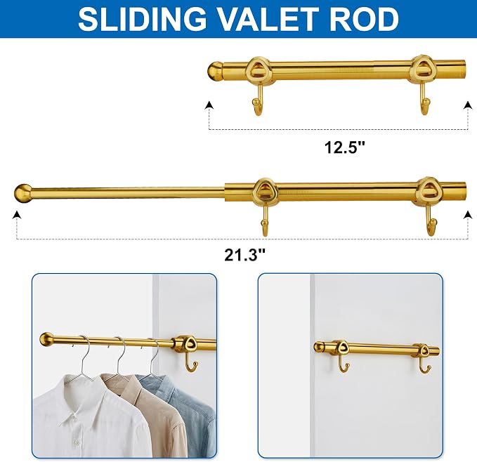 Valet Rod for Closet Pull Out with Hooks, Easy To Install (Brushed Gold, 12 Inch)