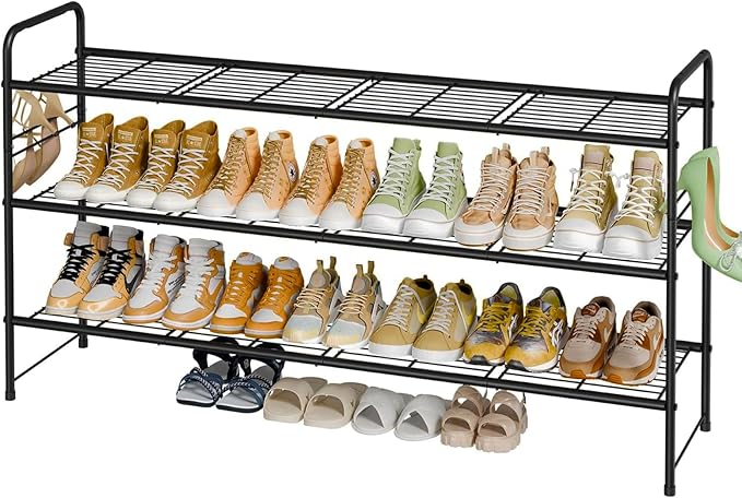 3 Tier Shoe Rack for Closet, 44 Inch Extra Long Shoe Storage Organizer for Shelves, Heavy Duty Metal, Easy Assembly, Black