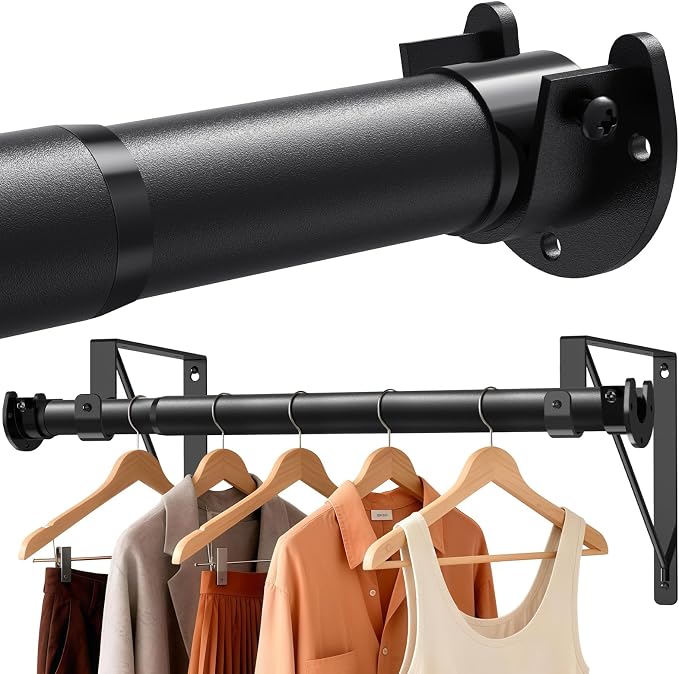 Supforce Adjustable Closet Rod with Triangular Brackets, 17-54in, Black | 1.3in Metal Closet Rod Supports Up To 150 lb, Heavy Duty Rod Reduces Sagging and Mount Securely for Wardrobes Closet Laundry