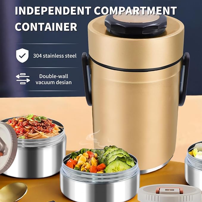 67oz Upgraded Thermos for Hot Food, 3-Layer Stackable Food Thermos, Soup Thermos Jar with Insulated Bag, Ideal for Office, Outdoor Meals, and Various Occasions (67 oz Gold)
