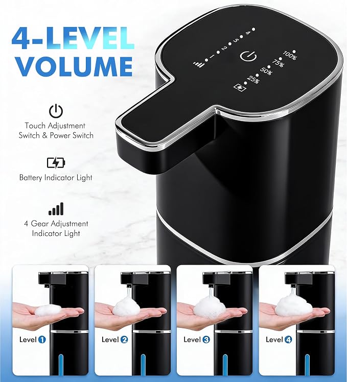RYTOXILO Automatic Foaming Soap Dispenser Touchless, 2 Pack Black Auto Foam Soap Dispensers for Bathroom and Kitchen, 15 Fl Oz Plastic Electric Dish Foamy Dispensers Wall Mount with 1200 mAh Battery