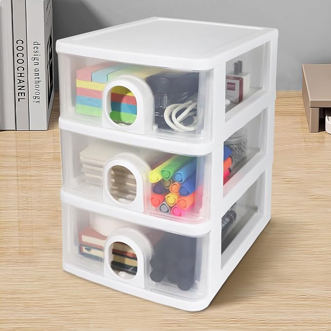 Desktop Storage Drawers Desk Organizer with Drawers, 3 Drawers Organizing Drawers Clear Small Plastic Storage Drawers for Crafts, Accessories, Stationeries, Office Supplies, Pens (1Pack)