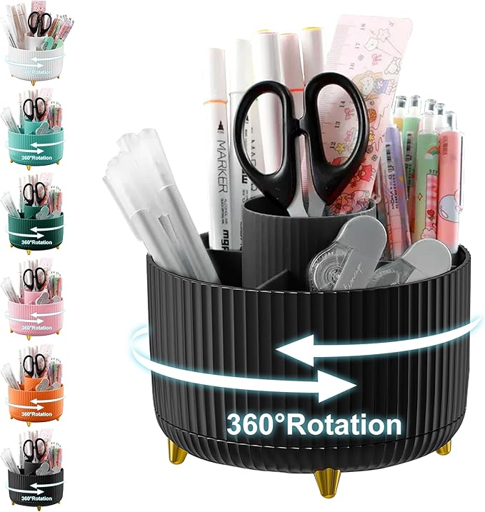Cayxenful Pencil Holder For Desk,5 Slots 360°Degree Rotating Desk Organizers And Accessories,Desktop Storage Stationery Supplies Organizer, Cute Pencil Cup Pot For Office, School, Home (H-Black)