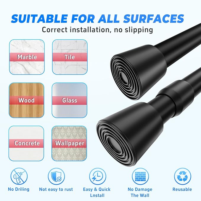 2 Pack Black Tension Rods, 41"-75" Adjustable Shower Curtain Rods, Heavy Duty No Drilling Rod, 11lbs Max Load, 1.2" End Cap, 19/22mm Tube, Metal, for Bathroom, Window, Bedroom, Doorway, Closet