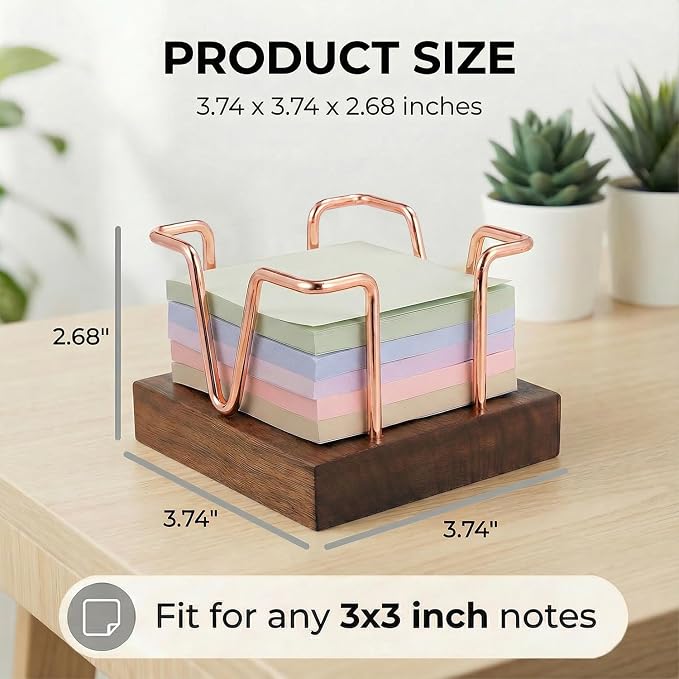 Wood Sticky Note Holder, 3 x 3 inch Self-Stick Note Memo Pad Holder for Desk, Notepad Dispenser for School Office, Rose Gold