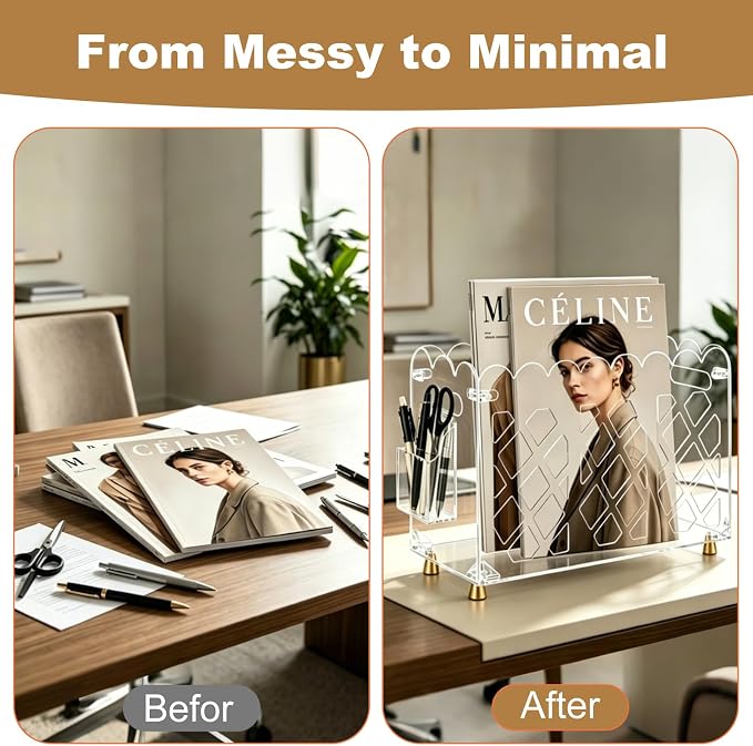 Clear Acrylic Magazine Holder with Handle and Detachable Pen Holder | Wave-Edge Floor Magazine Rack with Replaceable Anti-Slip Gold Feet for Home, Office, Bathroom, or Living Room Storage