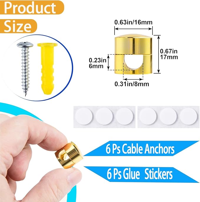 6 Sets Charger Cord Keeper Holder Stick on, Gold Metal Adhesive Cable Management Clips,Adjustable Phone Cable Anchor Holders,Wire Organizer for Desk, Wall, Home, Office, nightstand, Chandelier
