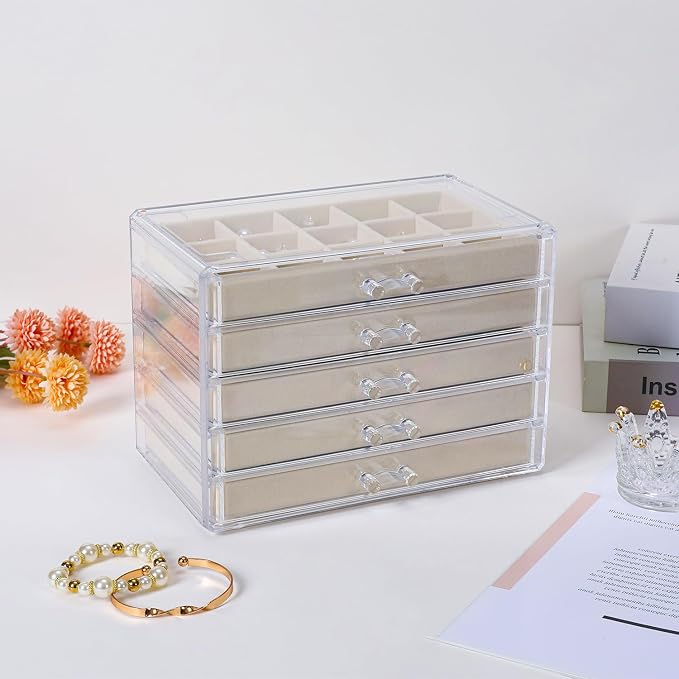 CLUQMEIK Acrylic Jewelry Organizer Box with 5 Drawers, 50 Grids Clear Earring Box Organizer with Adjustable Velvet Trays, Jewelry Storage Organizer for Women Girls, Beige