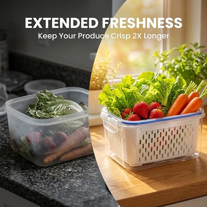 Fruit Storage Containers for Fridge with Removable Colander, Airtight Produce Storage Containers with Lids, Fridge Organizers and Storage for Berry, Fruit, Vegetables, Salad & Meal Prep (Gray, M+L)